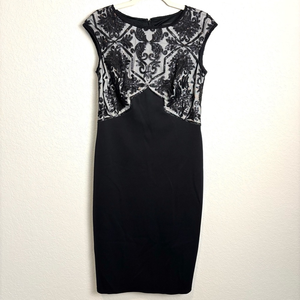 Tadashi Shoji Black Sequin Lace Cap Sleeve Dress Women’s Small LBD Cocktail